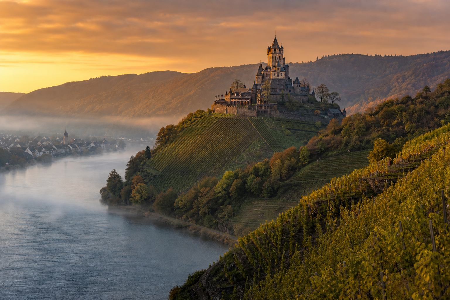 Rheintal mit Burg und Weinbergen